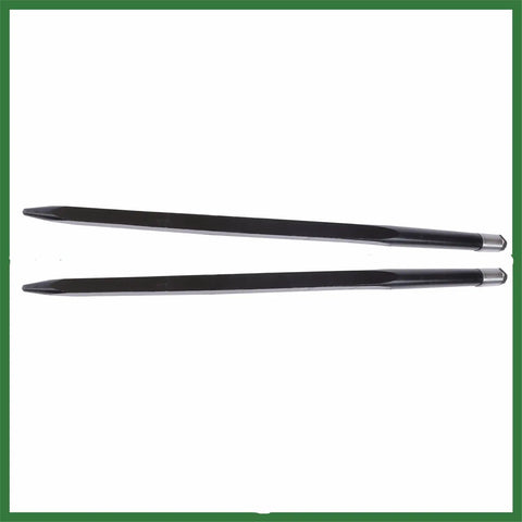 Top view of Beefy Heavy Duty Two Pack 49 Inch Hay Bale Forks for Tractor Loaders with 4500 Pound Capacity, steel construction.