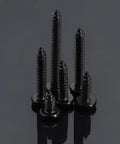 Fifty Pack Number Twelve Size Three Quarter Inch Black Coated 304 Stainless Steel Phillips Pan Head Sheet Metal Screws Self Tapping With Magnetic Bit Heavy Duty Badass Build For Knockout Grip, showing various screw heights.