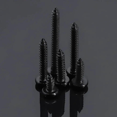 Fifty Pack Number Twelve Size Three Quarter Inch Black Coated 304 Stainless Steel Phillips Pan Head Sheet Metal Screws Self Tapping With Magnetic Bit Heavy Duty Badass Build For Knockout Grip, showing various screw heights.