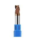 Front view of a 5/16in solid carbide end mill for aluminum, 3-flute, 37° helix, ZRN-coated with blue holder