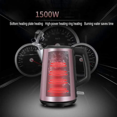 Kickin Rapid Boil Electric Kettle With Zero Hassle Auto Power Off Built From Top Shelf 304 Stainless Steel Holds A Solid 1.7 Liters Of Smooth Water Drives A Slick 1500 Watt Core For Hella Fast Brewing In Fresh Pink Vibes with visible heating elements.