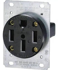Front view of Heavy Duty NEMA 14 50R Flush Mount Receptacle 50 Amp 125 To 250V 3 Pole 4 Wire with steel strap and black thermoplastic.