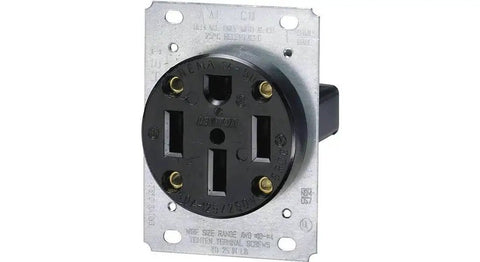 Front view of Heavy Duty NEMA 14 50R Flush Mount Receptacle 50 Amp 125 To 250V 3 Pole 4 Wire with steel strap and black thermoplastic.