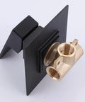 Matte Black 2 Handles Tub and Shower Faucet Set With Tub Spout, Valve Included, close-up on brass valve and wall mount trim.