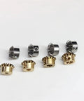Two Pack 0.8M 15T Bevel Pinion Gear Set 1 To 1 Ratio, brass and steel gears arranged on white surface, various bore options visible