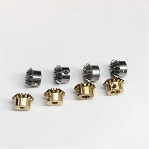 Two Pack 0.8M 15T Bevel Pinion Gear Set 1 To 1 Ratio, brass and steel gears arranged on white surface, various bore options visible