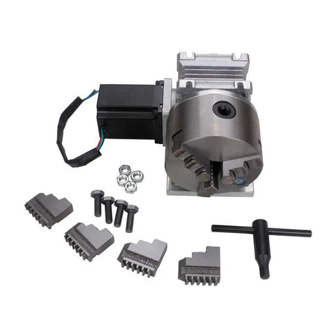 Straight Up Precision 4th Axis Gearbox For CNC Router, Hella Tough Rotary Three Jaw 100mm Chuck With 20 To 1 Ratio, Smooth Engraving Tailstock, Sweet Upgrade For Wood And Metal Jobs with motor and jaws.