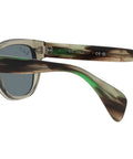 Side view of unisex square sunglasses with transparent green frame and dark blue polarized lenses for 100 percent UV protection.