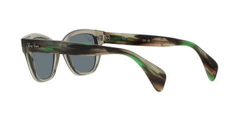 Side view of unisex square sunglasses with transparent green frame and dark blue polarized lenses for 100 percent UV protection.