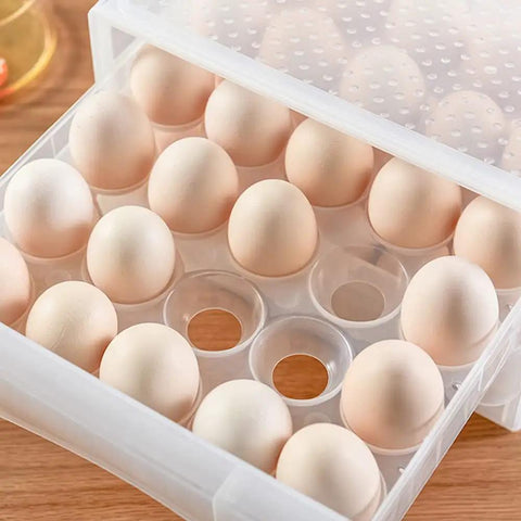 Top view of Drawer Type Egg Holder With 60 Grid Large Capacity For Home Use Multi Layer Egg Storage Container Space Saving Kitchen Organizer Keeps Eggs Fresh In Two Tiers with eggs inside