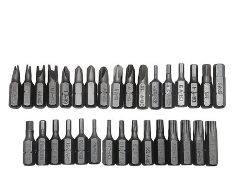 Built Tough 33 Piece Security Tamper Proof Bit Set With Torx T10 T15 Hex And Tri Wing bits in organized layout.