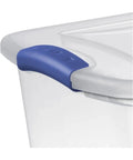 Close-up of blue latch on Heavy Duty Clear Storage Bins 2 Pack With Tight Blue Latches for secure sealing.