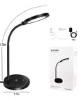 LED Desk Lamp With USB Charging Port, Eye Caring Circular Design With No Flicker, Five Lighting Modes And Ten Brightness Levels, Dimmable Office Table Lamp Ideal For Studying Reading And Working Black, showing dimensions and packaging