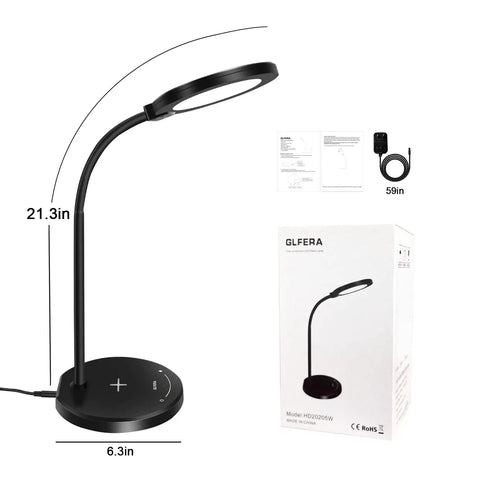LED Desk Lamp With USB Charging Port, Eye Caring Circular Design With No Flicker, Five Lighting Modes And Ten Brightness Levels, Dimmable Office Table Lamp Ideal For Studying Reading And Working Black, showing dimensions and packaging