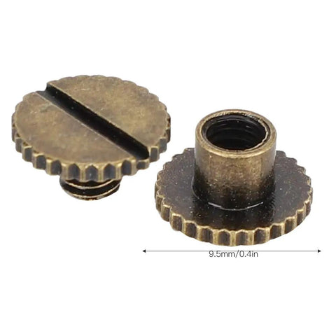 Close-up of 30 Pack Brass Book Rivets With Knurling Flat Leather Binding Buttons for DIY leather craft, 9.5 by 4mm size