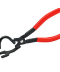 Exhaust hanger removal tool with red handles and black metal jaws designed for removing rubber exhaust hangers.