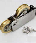 Heavy Duty Door Pulley And Sliding Roller Featuring Dual Copper Wheels Plus Precision Ball Bearings For Quiet Window And Patio Door Replacement Hardware With Screws.