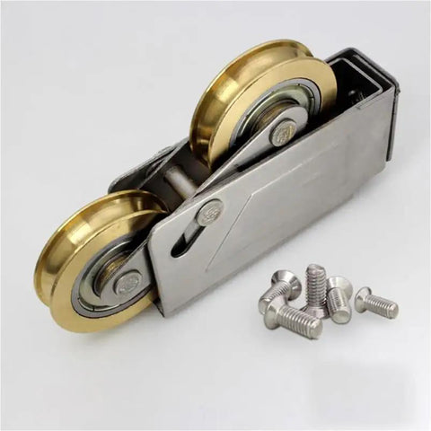 Heavy Duty Door Pulley And Sliding Roller Featuring Dual Copper Wheels Plus Precision Ball Bearings For Quiet Window And Patio Door Replacement Hardware With Screws.