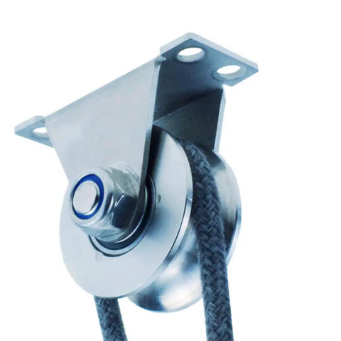 Top Shelf Heavy Duty Track Wheel Featuring Double Ball Rollers Built Tough From 304 Stainless Steel Directional Sheave Pulley close-up with wire rope.