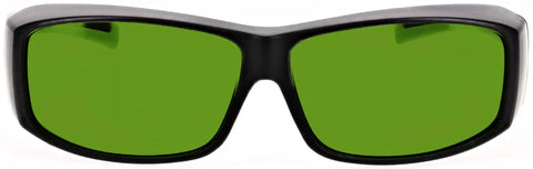 Heavy Duty Laser Safety Glasses With Polycarbonate Lenses, OD 8 Plus Protection, black frame with green lenses front view