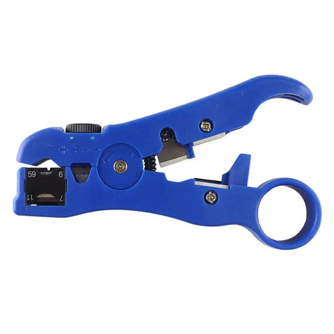 Universal Coax And Cat5 Cat6 Stripping Tool For RG59 RG6 RG7 RG11 Reversible Cassette with Adjustable Blade, side view