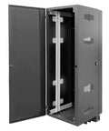 Heavy Duty Cube It Gen Three Wall Mounted Floor Supported Server Rack With Forty U Capacity And Tempered Glass Door, open view.