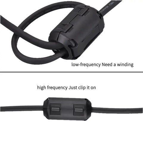 20 Pack Ferrite Ring Core EMI RFI Noise Suppressor Clips For Cables, 4 Size Set shown on cables, black plastic cover.