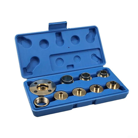 Heavy Duty Solid Brass Router Base Plate Set With Ten Metric Guide Bushings And No Sweat Centering Pin For Craftsman Routers in blue case.