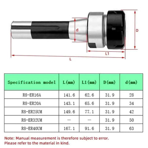 Heavy Duty Chuck Collet Nut M12 R8 ER Tool Holder for Milling Machine, detailed dimensions and specifications chart.