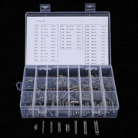 280 Piece 304 Stainless Steel Roll Pin Assortment Kit With Metric Slotted Spring Pins M1.5 To M8 in a plastic organizer case