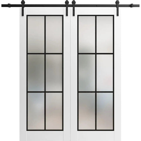 Sturdy Double Barn Door With Frosted Glass Sliding Kit For Interior, Black Rail Track System, Heavy Duty Hardware, 84 By 96 Inch