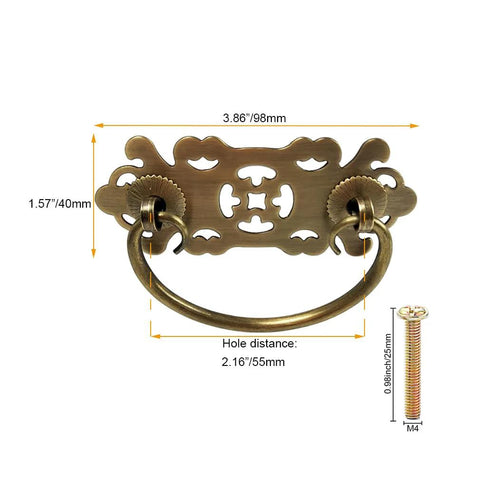 Antique Brass Vintage Style Pull Handles Set for Bookcases and Wardrobes, dimensions and screws shown, in Rustic Bronze finish.