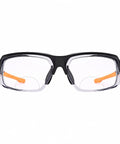 Kickass Real Deal Bifocal Photochromic Reader Safety Glasses With Side Shields Antifog UV400 Blue Light Blocking Plus 2.5 Magnification front view with orange sides.