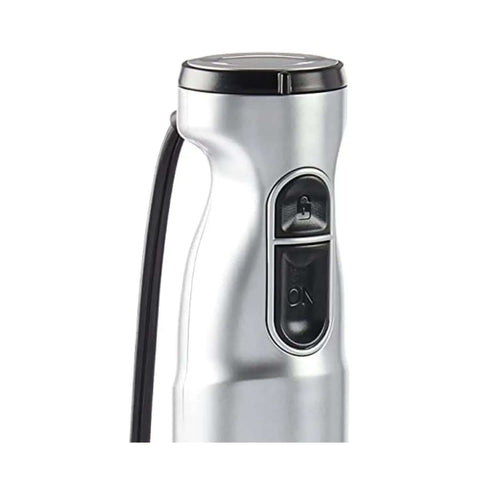 Close-up of the handle and controls of Heavy Duty Corded Stick Blender With Two Speed Toggle Makes Silky Smoothies And Creamy Broths In A Jiffy With Whisper Quiet Motor In Sleek Silver.