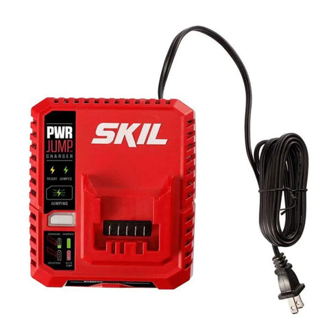 Red PWRJUMP charger from 12V Brushless PWRCore 12 Five Tool Combo Kit with power cord for quick charging.