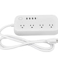 Heavy Duty Smart Power Strip With Voice Control And Programmable Timer delivering four AC outlets plus four USB ports on a white design.