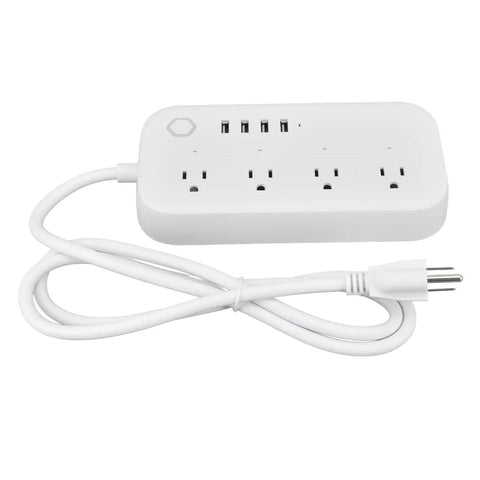 Heavy Duty Smart Power Strip With Voice Control And Programmable Timer delivering four AC outlets plus four USB ports on a white design.