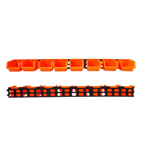 Wall Mounted Hardware Storage Bins Set With 8 Stackable Bins And 3 Tracks for Garage Organization, orange bins front view