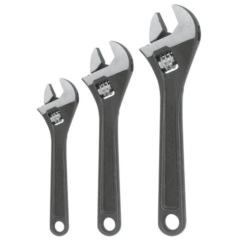 Three Piece Black Oxide Adjustable Wrench Set With Extra Wide Jaw Capacity And Square Jaws For Tight Grips Non Reflective Finish