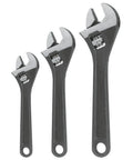 Three Piece Black Oxide Adjustable Wrench Set With Extra Wide Jaw Capacity And Square Jaws For Tight Grips Non Reflective Finish