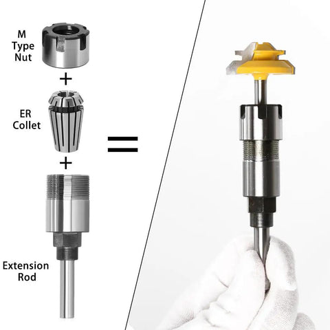 Heavy Duty 8mm 1/4 1/2 Inch Shank ER Router Bit Extension Rod With Collet and M Type Nut for woodworking.
