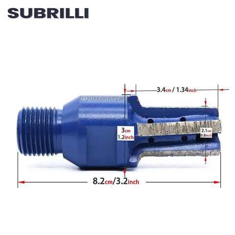Heavy Duty Diamond Finger Router Bit Kit Features Eight Tough Milling Profile Tools For Granite Marble Concrete And Tile Designed To Polish Rough Edges Into Silky Smooth Finishes On Cnc Grinders And Tumblers Daily, showing a diamond router bit with blue body and dimensions.