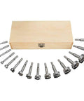 Just Grab This Badass 16 Piece Forstner Bit Set For Serious Woodworking Builds With Splinter Free Hole Cutting Perks Up To Two Inches Wide Right Now displayed in a wooden box.
