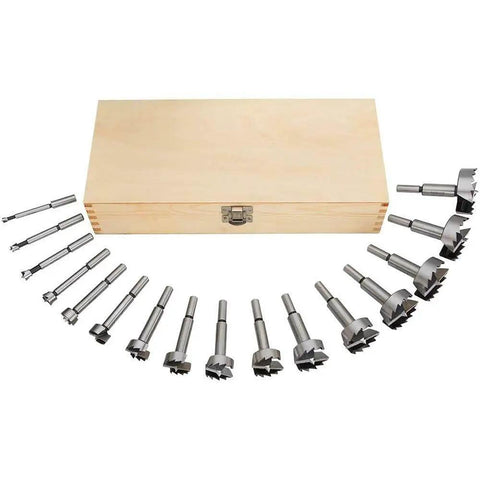 Just Grab This Badass 16 Piece Forstner Bit Set For Serious Woodworking Builds With Splinter Free Hole Cutting Perks Up To Two Inches Wide Right Now displayed in a wooden box.