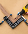 90 Degree Right Angle Woodworking Clamp, Polycarbonate Square Tool holding wooden parts steady, with drill in use