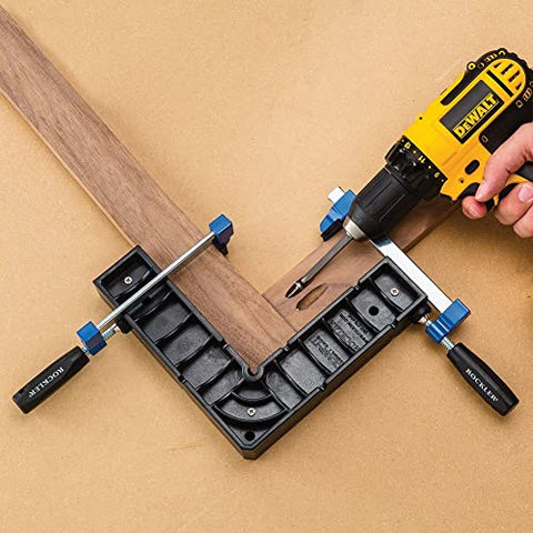 90 Degree Right Angle Woodworking Clamp, Polycarbonate Square Tool holding wooden parts steady, with drill in use