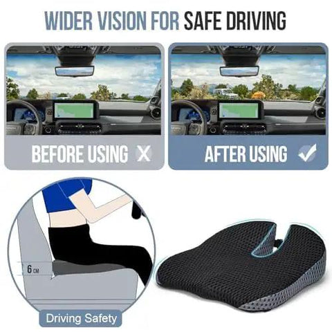 Image showing Ergonomic Wedge Seat Cushion For Tesla Cybertruck enhancing driving visibility and comfort with adjustable height.