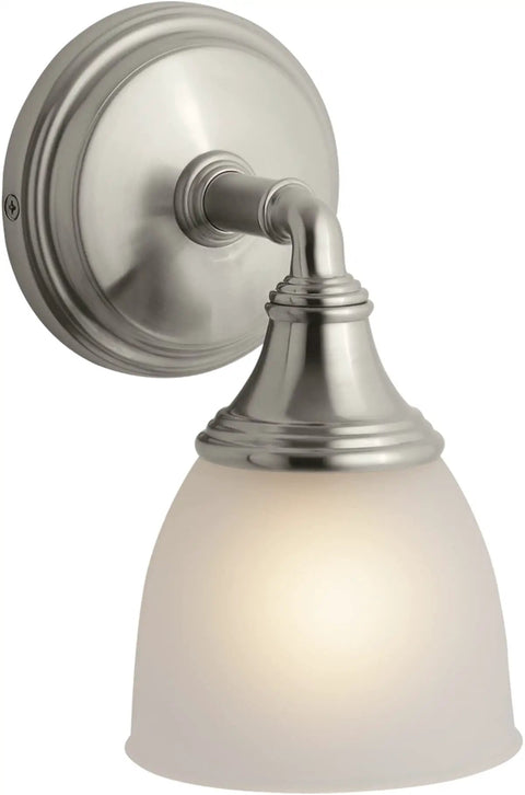 Devonshire Style Wall Sconce Bath Vanity Light With Frosted Glass Shade, Brushed Nickel Finish, Up Or Down Mount, UL Listed For Damp Locations