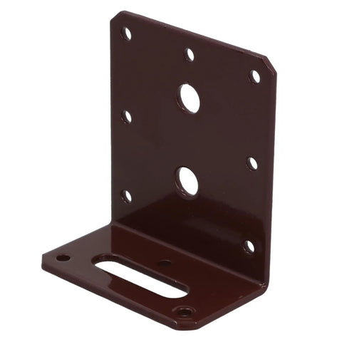 Heavy Duty Steel Angle Corner Brace L Shaped Reinforcement Fastener Plate 80 By 40 By 75mm Powder Coated Rust Resistant Woodworking Hardware Ten Pack close-up of brown metal corner brace with holes