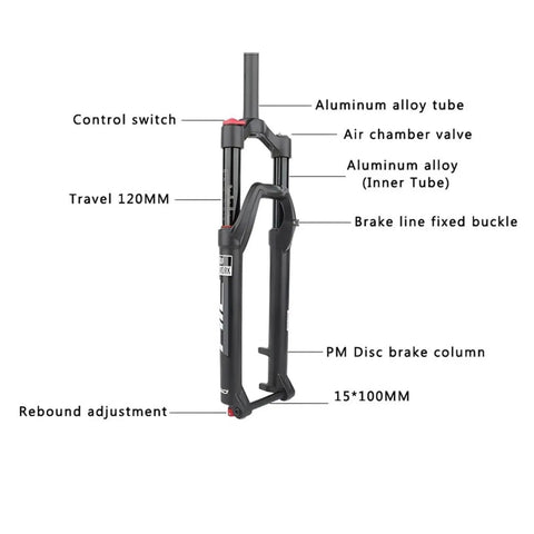 Diagram of 100mm Travel Threadless Front Suspension Fork For 27.5 Inch Mountain Bikes With Disc Brake Compatibility And Mechanical Lockout, showcasing features like aluminum alloy tubes and air chamber valve.